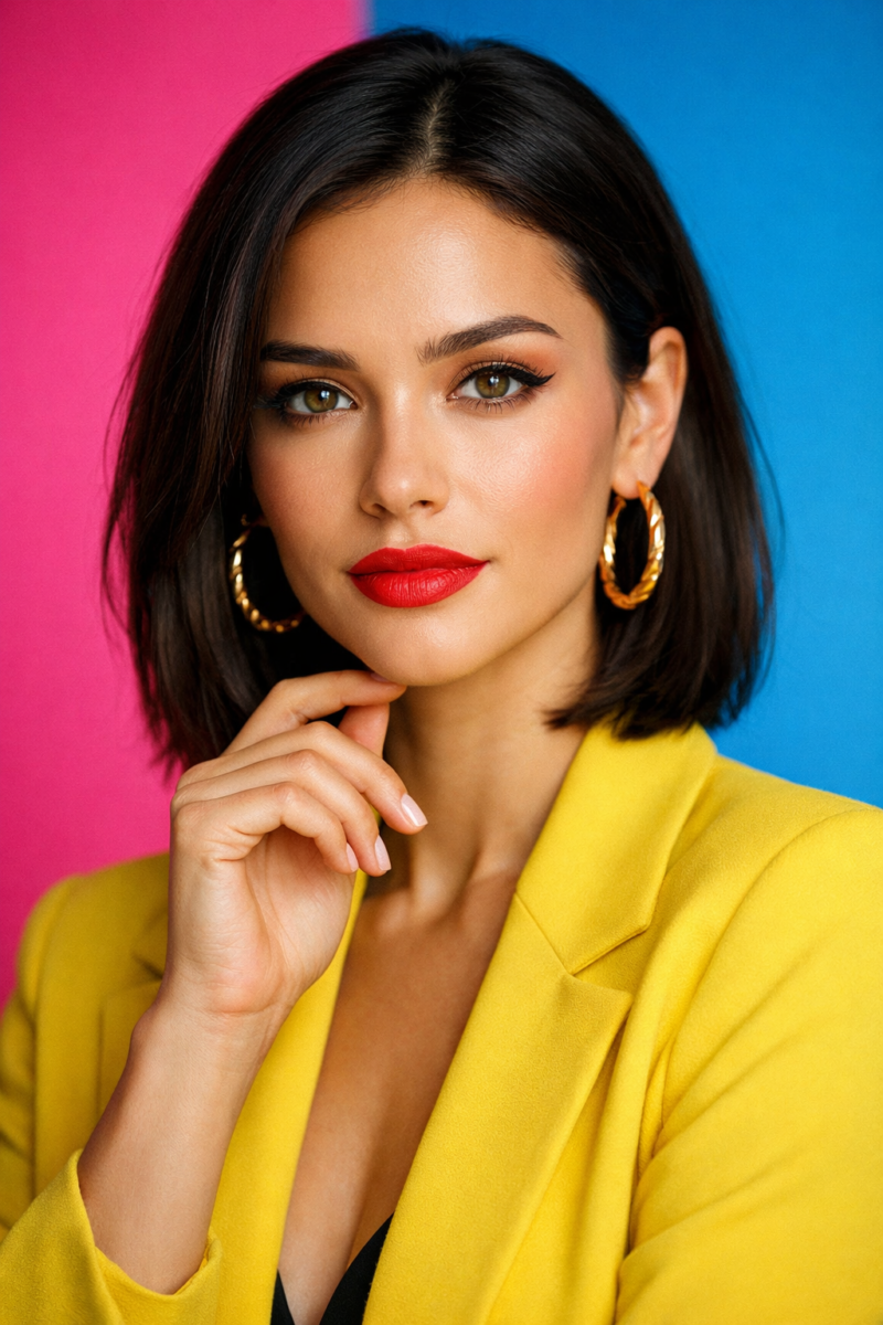 Portrait of a confident woman with red lipstick, black eyeliner, and hoop earrings wearing a yellow blazer in front of a pink and blue background