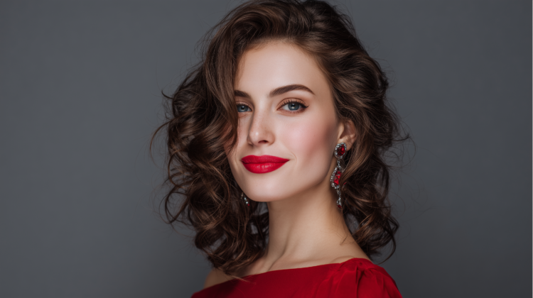 Portrait of a confident woman with curly brown hair, wearing red lipstick, red dress, and matching red earrings on gray background