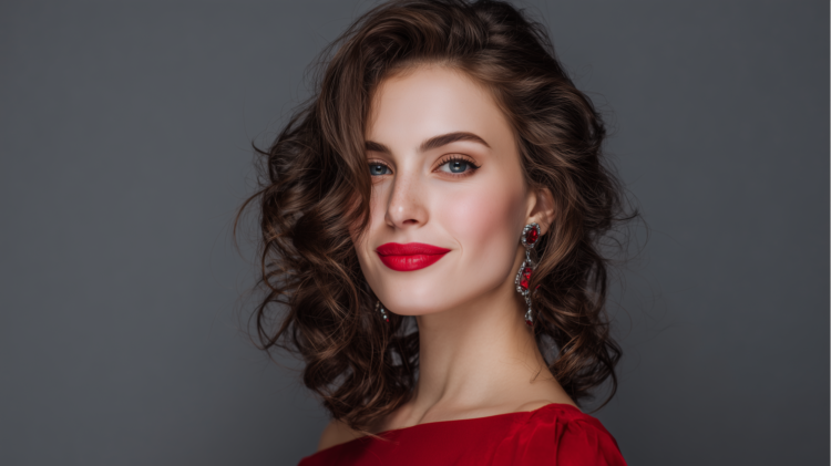 Portrait of an elegant woman with curly hair, wearing red lipstick and matching earrings against a gray background