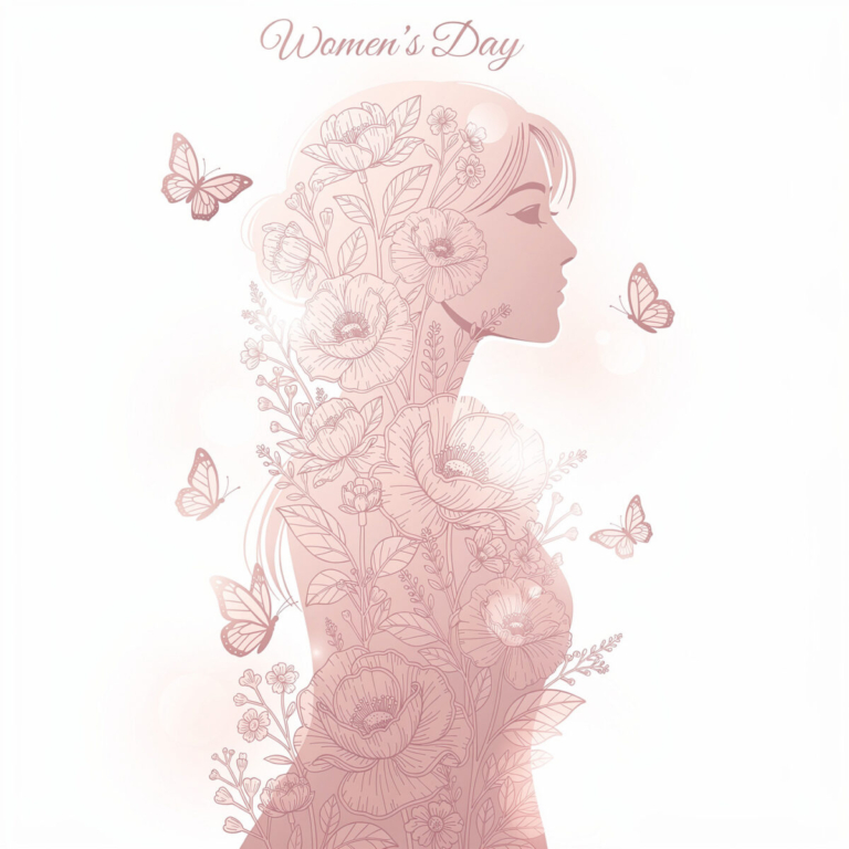 Profile silhouette of a woman filled with delicate floral patterns and surrounded by butterflies in soft pink tones
