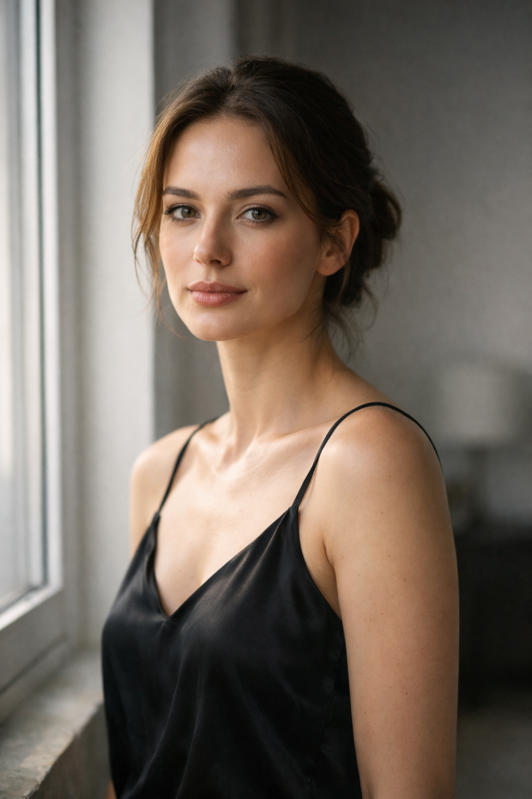 A thoughtful young woman with light skin and brown hair tied back, wearing a black sleeveless dress, standing by a window with soft natural light.