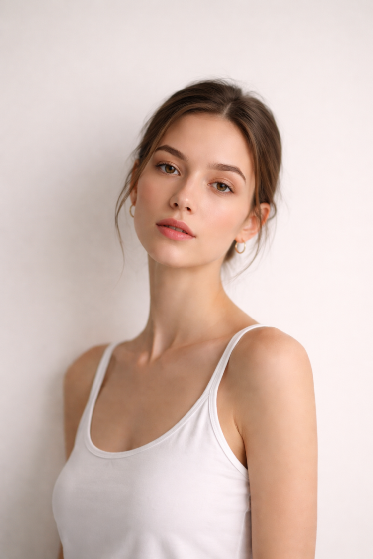 Portrait of a serene young woman with natural makeup, wearing gold hoop earrings and a white tank top against a soft neutral background.
