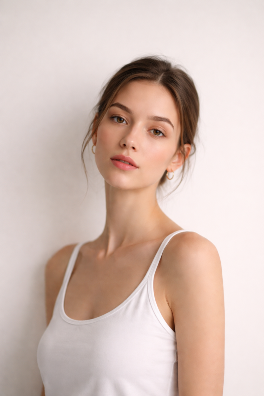 Portrait of a serene young woman with natural makeup, wearing gold hoop earrings and a white tank top against a soft neutral background.