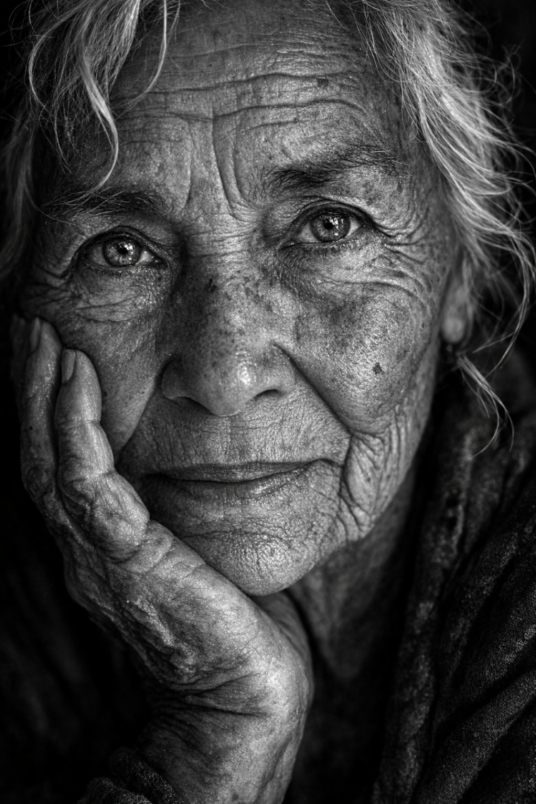 Black and white close-up portrait of an elderly woman with expressive eyes and wrinkles, resting her face on her hand