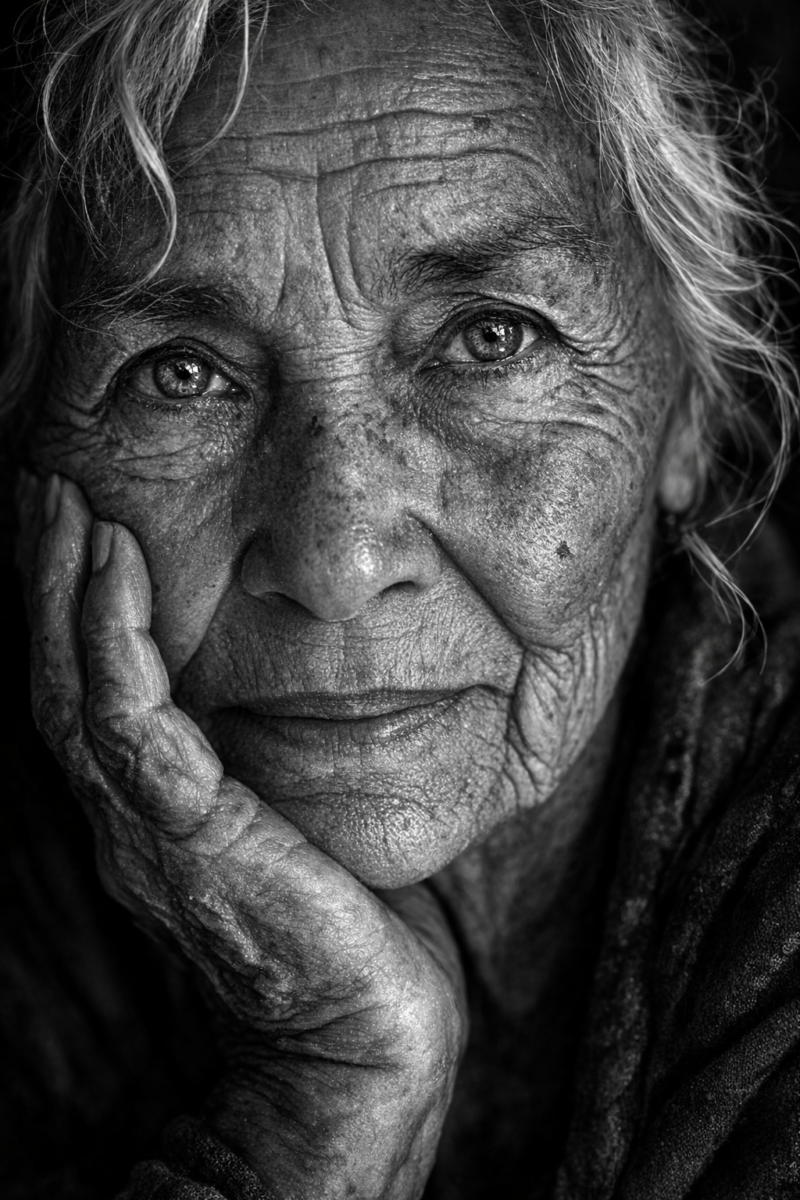 Black and white close-up portrait of an elderly woman with expressive eyes and wrinkles, resting her face on her hand
