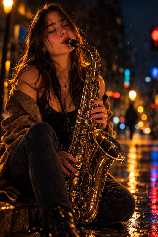Young woman sitting on a wet street at night, passionately playing a shiny saxophone with city lights blurred in the background