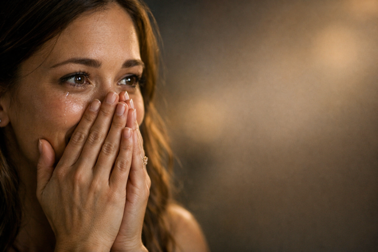 Close-up of a woman with tears running down her face, smiling and covering her mouth with her hands in a hopeful expression