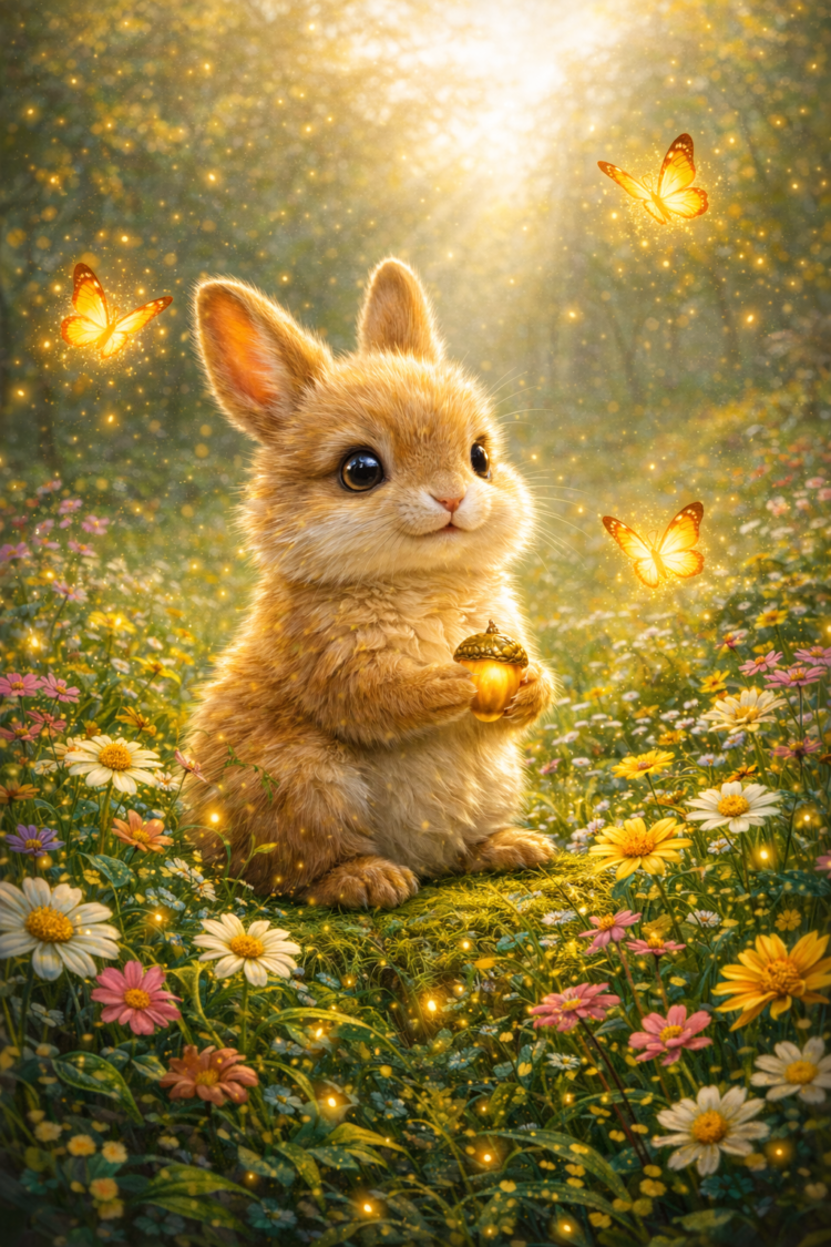 Adorable fluffy bunny holding an acorn surrounded by colorful flowers and glowing butterflies in a sunlit meadow.