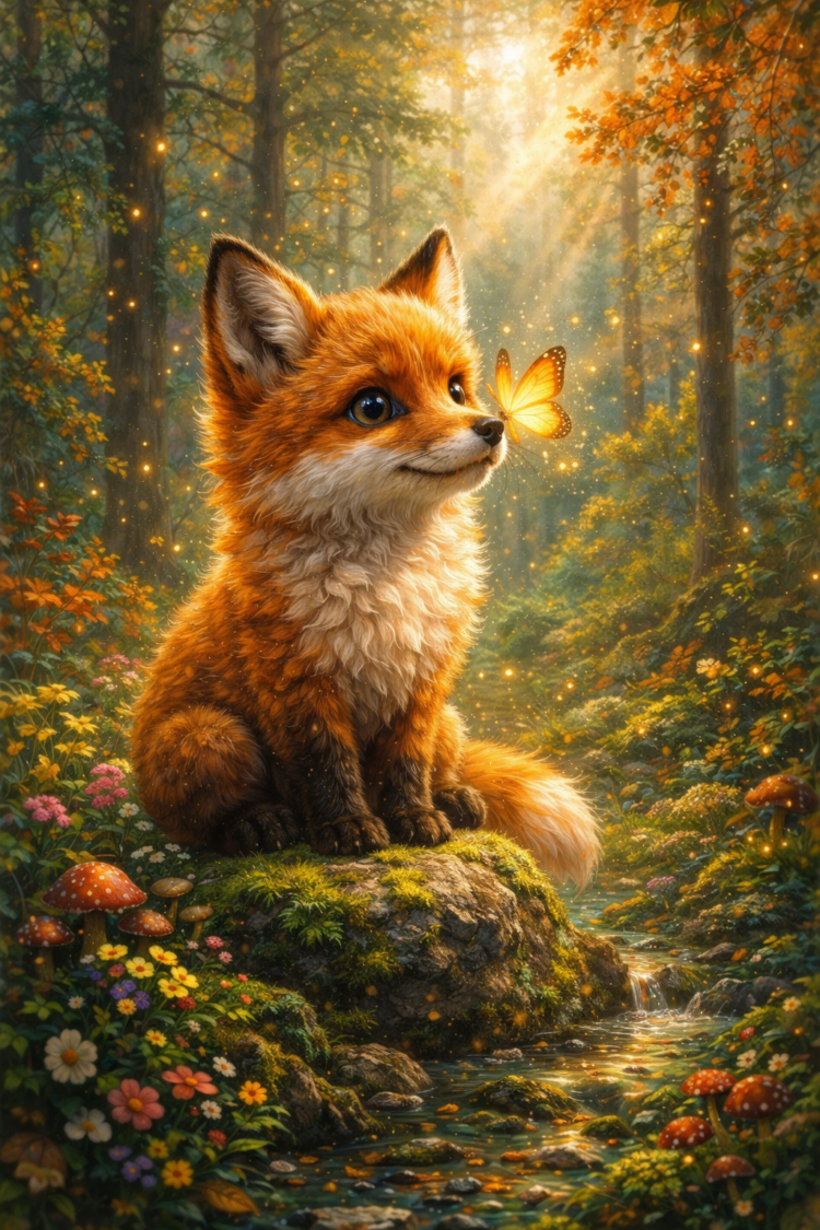 A charming and adorable fox pup sits on a mossy rock in a sunlit enchanted forest, gazing at a glowing orange butterfly nearby.