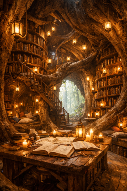 Interior view of a magical tree library filled with wooden shelves of old books, lit by hanging lanterns and surrounded by tree trunks