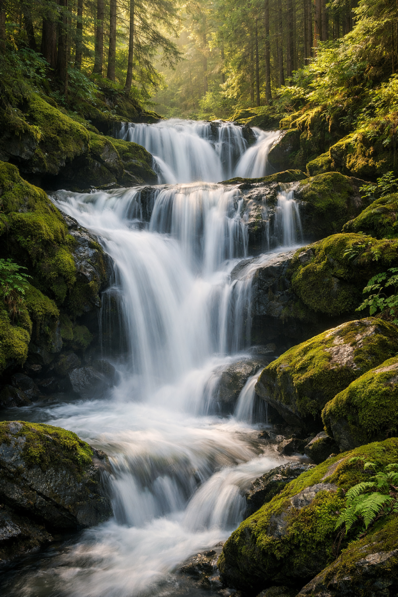 A serene multi-tiered waterfall flowing through moss-covered rocks surrounded by dense, sunlit forest greenery