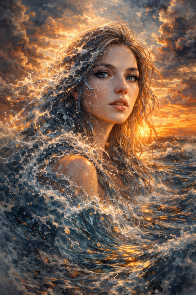 Portrait of a woman with wet hair blending into ocean waves under a dramatic sunset sky with orange and blue hues