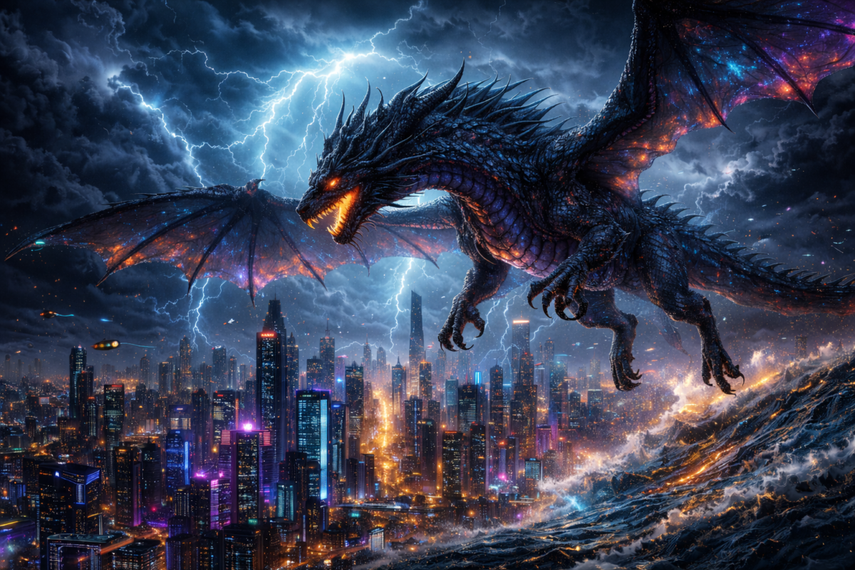 A fierce, glowing dragon flies menacingly over a brightly lit futuristic city during a thunderstorm with lightning bolts in the sky.