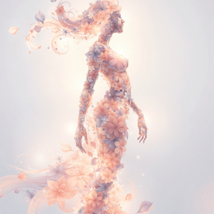 Elegant silhouette of a woman made of soft pastel flowers with light sparkles and flowing petals