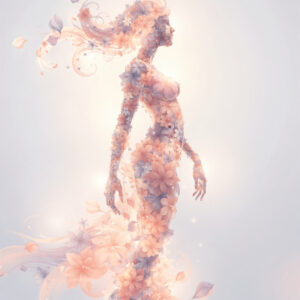 Digital art of a woman’s silhouette formed by flowing pastel flowers and delicate petals against a pale background