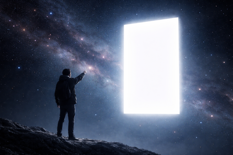Person standing on rocky terrain reaching toward a glowing, rectangular portal in a vibrant star-filled galaxy sky