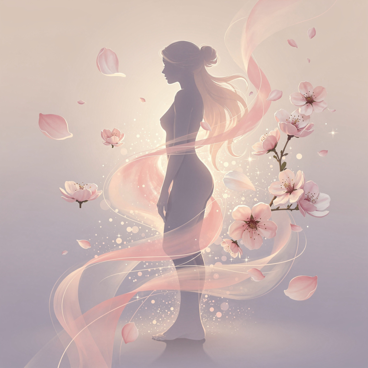 Digital illustration of a graceful female silhouette surrounded by pink cherry blossom flowers and flowing translucent ribbons