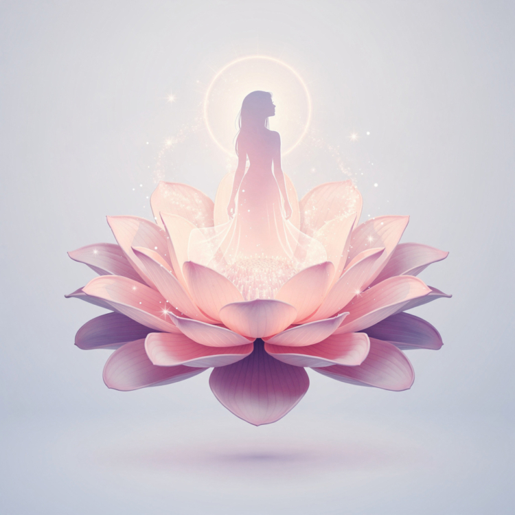 Silhouette of a woman with a glowing aura standing gracefully inside a large blooming pink lotus flower with sparkles