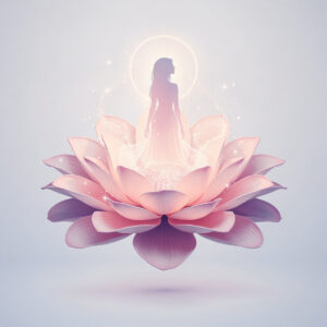 Silhouette of a woman with a glowing aura standing gracefully inside a large blooming pink lotus flower with sparkles