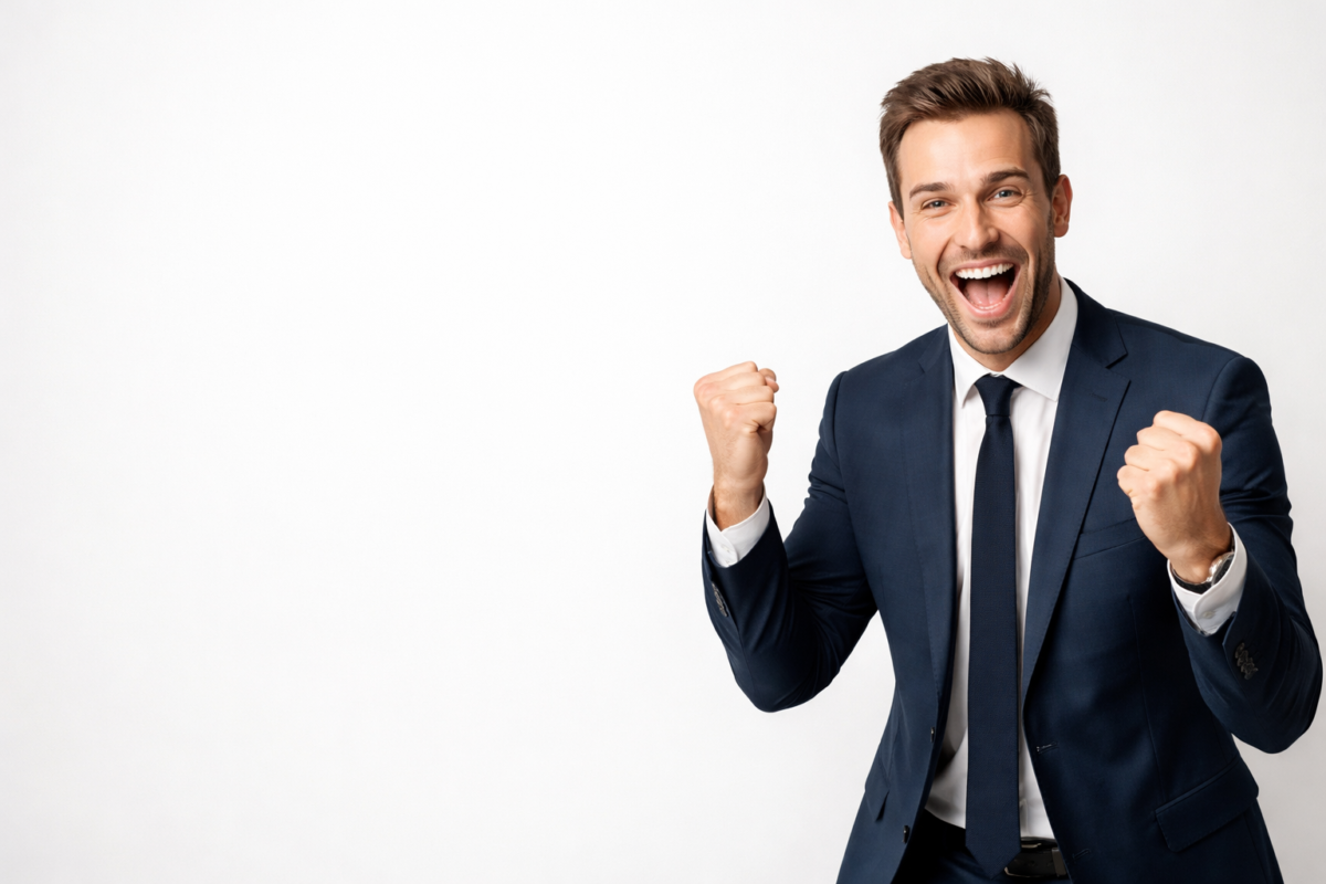 Smiling businessman in navy suit with raised clenched fists showing excitement and joy against a white background