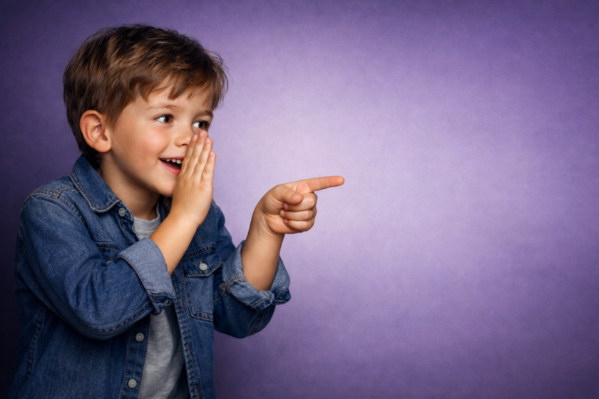 Young boy in denim jacket whispering and pointing with a smile on a purple backdrop