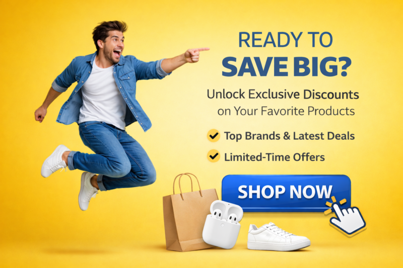 Man jumping with excitement next to shopping bag, wireless earbuds, sneakers, and call to action for big discounts