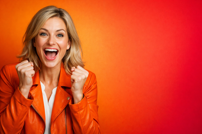 Portrait of a happy woman wearing an orange jacket with fists clenched and wide smile, vivid orange to red gradient background