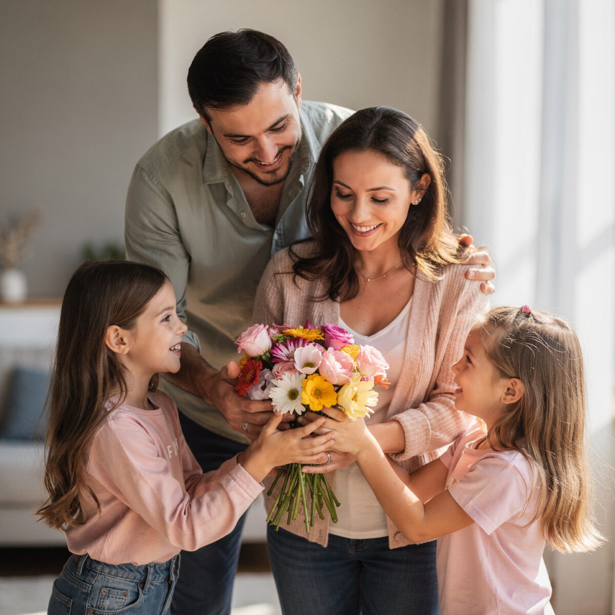 Smiling family with two daughters happily giving a colorful flower bouquet to their mother indoors