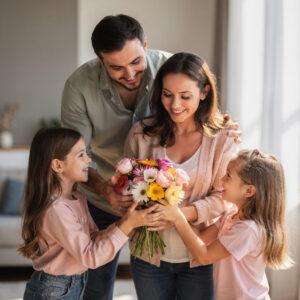Smiling mother receiving a colorful bouquet of flowers from two young daughters with the father looking on happily in a bright home