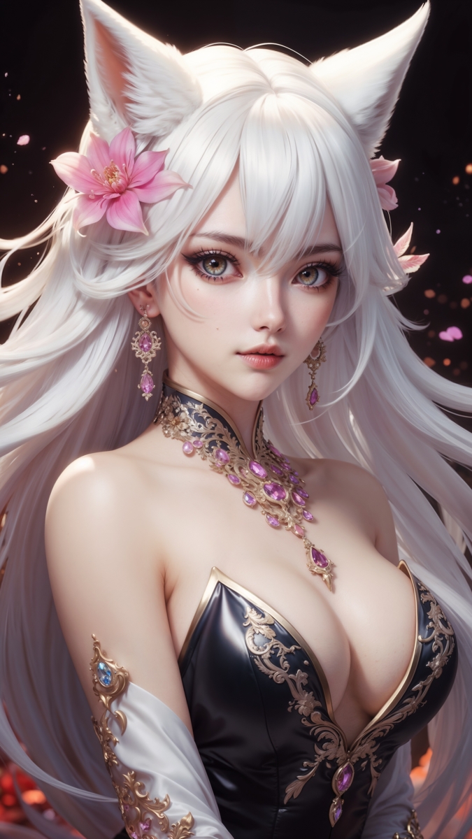 Close-up portrait of a fantasy white-haired woman with cat ears, adorned with pink flowers and elaborate jewelry in a black and gold outfit.