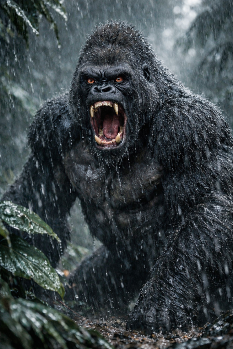 Close-up of a fierce gorilla roaring loudly in a dense rainforest with rain falling heavily around it