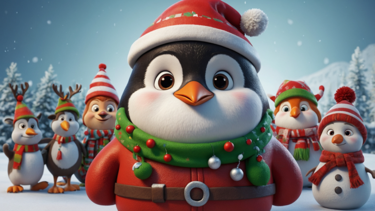 Cute cartoon penguin dressed in Christmas attire with holiday-themed animal friends and snowman in a snowy winter scene