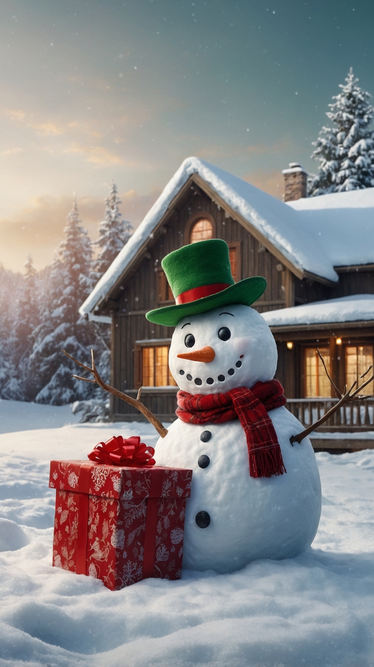 A smiling snowman wearing a green hat and red scarf stands next to a red wrapped gift box in snowy yard next to a cabin.