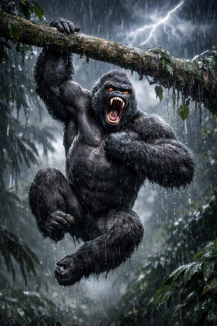 Powerful wet gorilla gripping a tree branch tightly, roaring fiercely during a heavy rainstorm with lightning in jungle