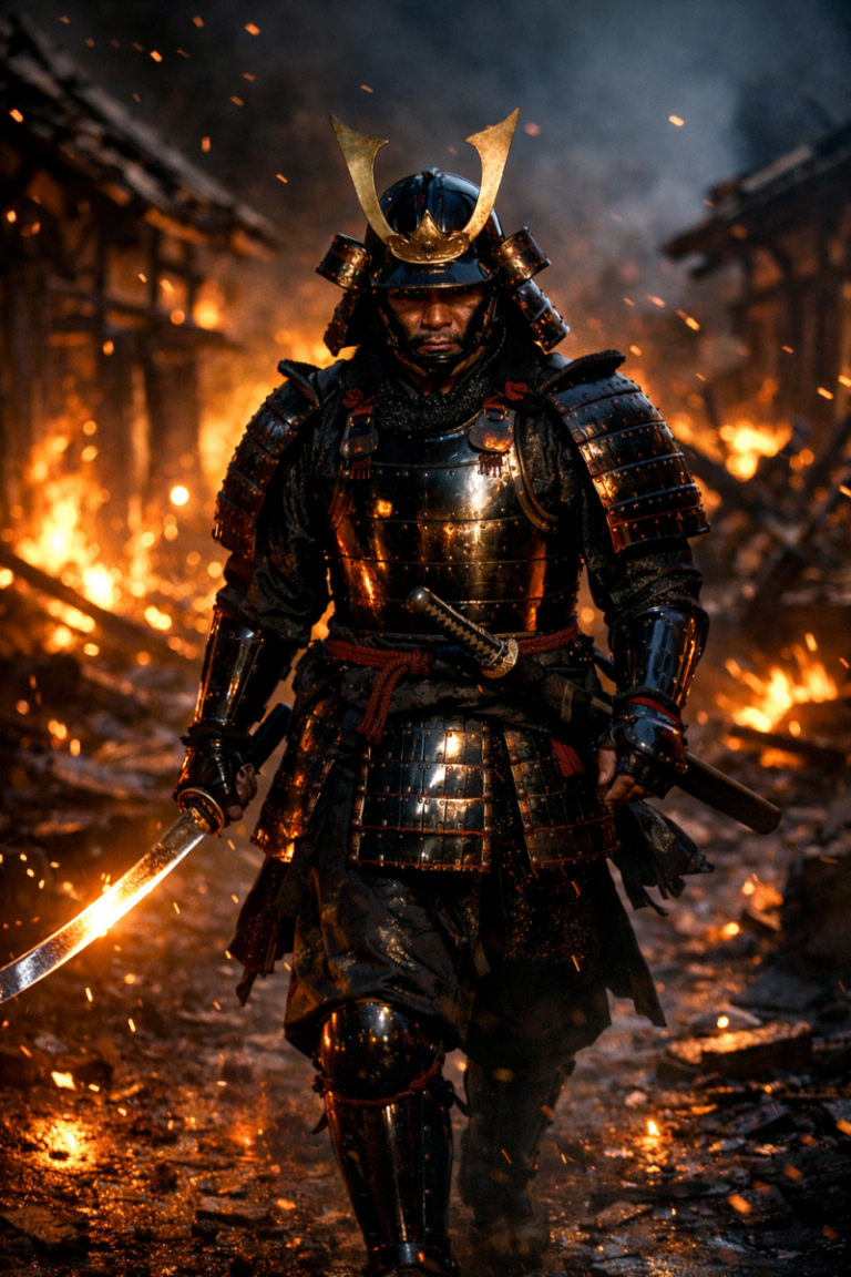 Samurai warrior in dark armor with golden helmet crest walking through burning village with glowing sword in hand