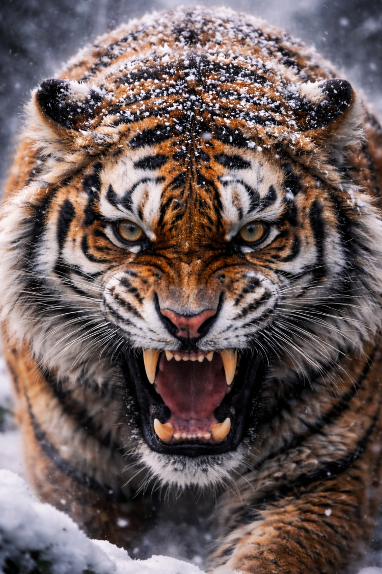 Close-up image of a roaring tiger with snowflakes on its fur and sharp teeth visible