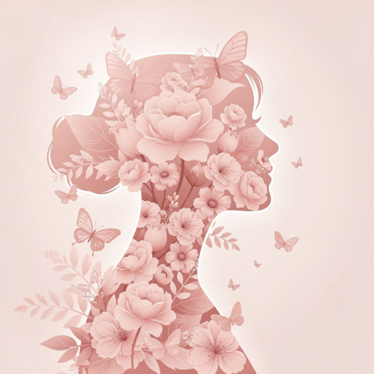 Soft pink floral silhouette of a woman's profile with butterflies and flowers