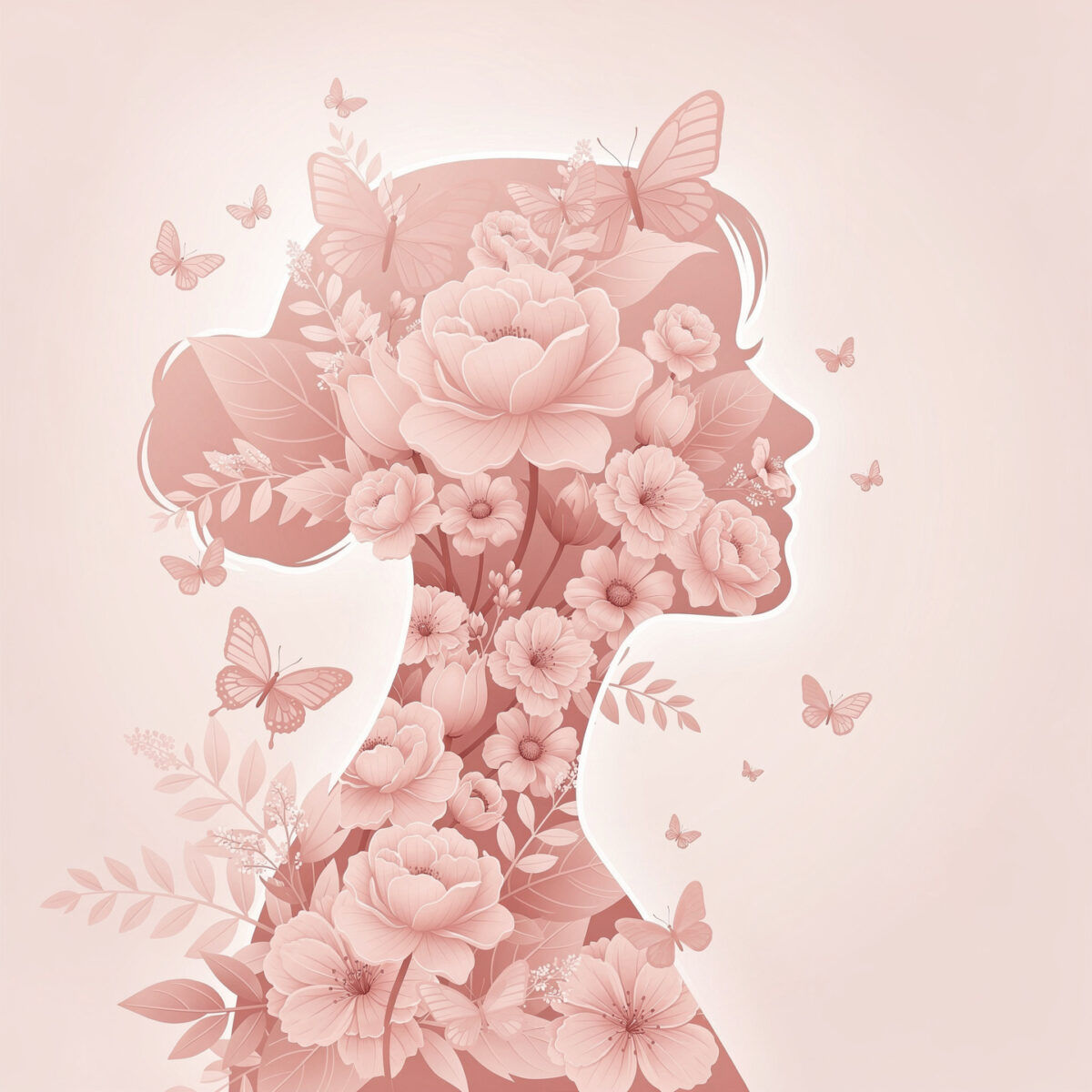 Soft pink floral silhouette of a woman's profile with butterflies and flowers