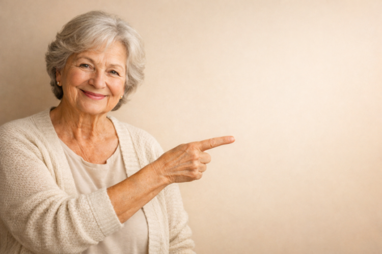 Smiling elderly woman with gray hair wearing a light cardigan pointing to the right against a beige background
