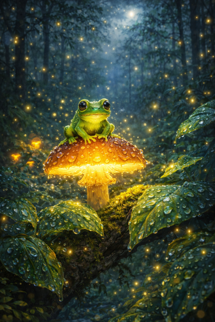 A green frog with large eyes sits on a glowing orange mushroom in a dark, wet forest with leaves and sparkling fireflies.