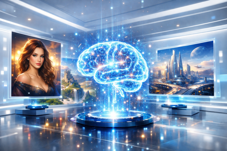 Holographic glowing brain with digital paintings of a woman and futuristic city in a modern high-tech gallery