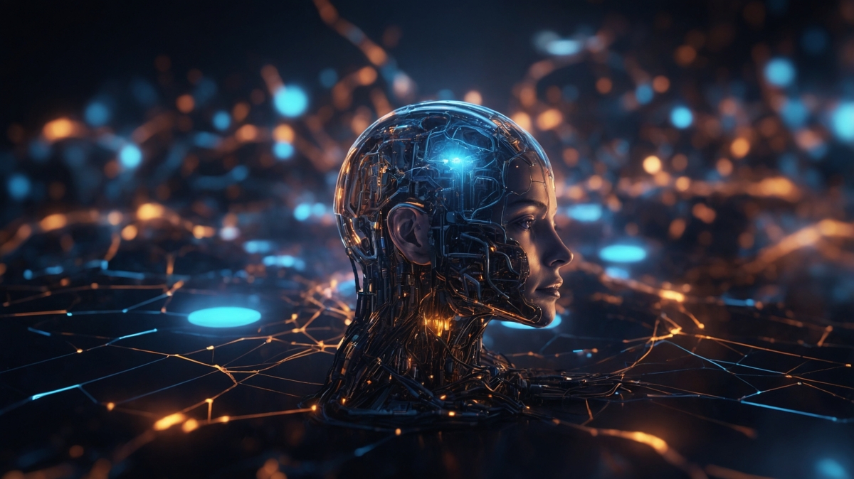 Side profile of a futuristic humanoid head with glowing neural circuits and network connections in blue and orange tones