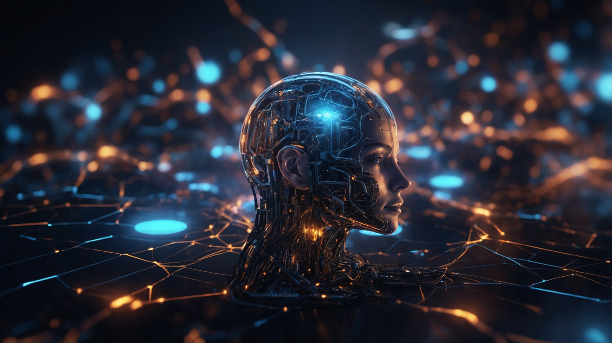 Side profile of a futuristic humanoid head with glowing neural circuits and network connections in blue and orange tones