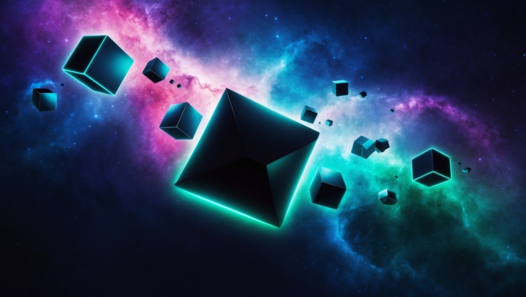 3D neon-edged black cubes floating through a colorful cosmic nebula with vivid blue, purple, and pink hues