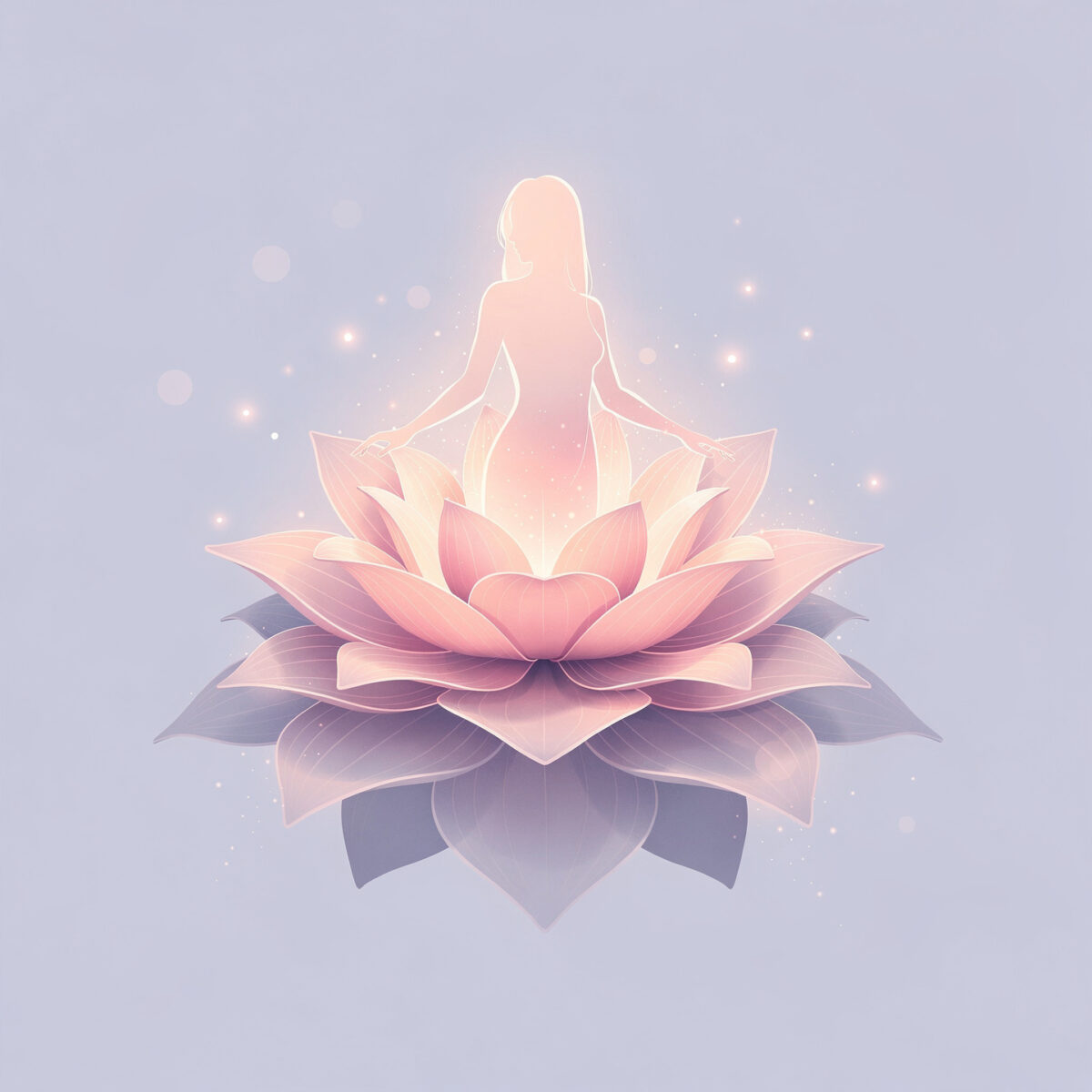 Soft pastel illustration of a glowing female figure rising from a large serene pink lotus flower on a light background