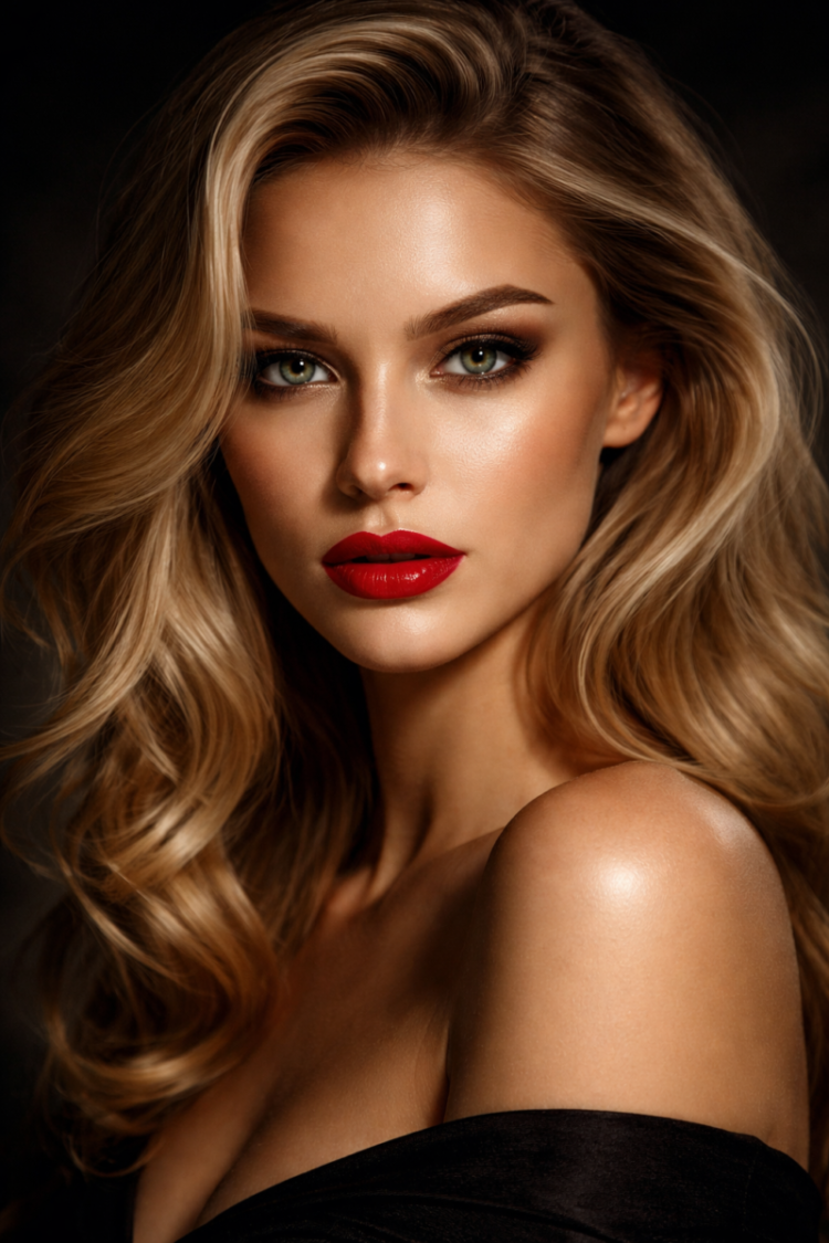 Close-up portrait of a woman with blonde hair and striking red lipstick against a dark background