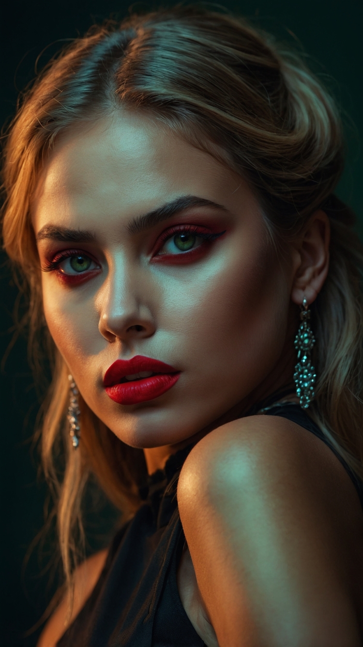 Close-up portrait of a woman with striking green eyes, bold red lipstick and eyeshadow, and ornate earrings