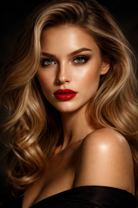 Close-up portrait of a woman with blonde hair and striking red lipstick against a dark background