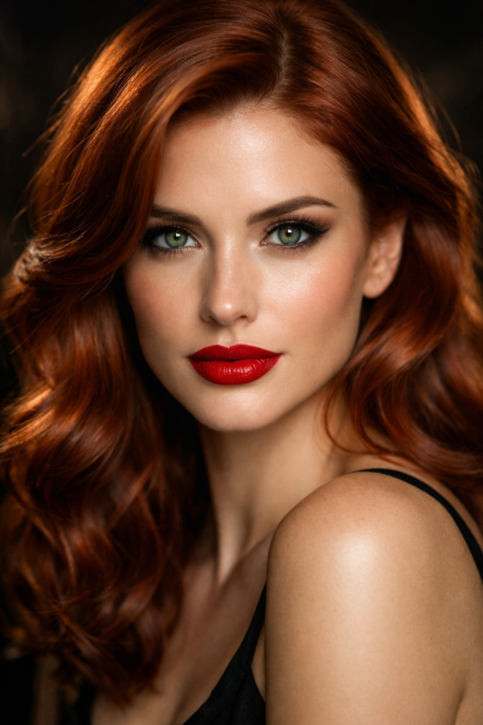 Close-up portrait of a woman with vibrant red hair, green eyes, and striking red lipstick wearing a black top.