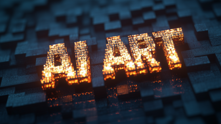 3D glowing letters AI ART made of bright digital pixels on dark technological background